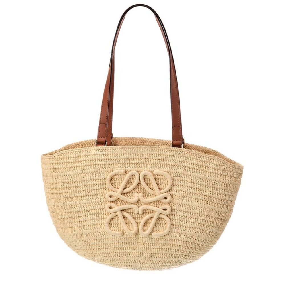 Loewe Logo Raffia & Leather Tote, Beige